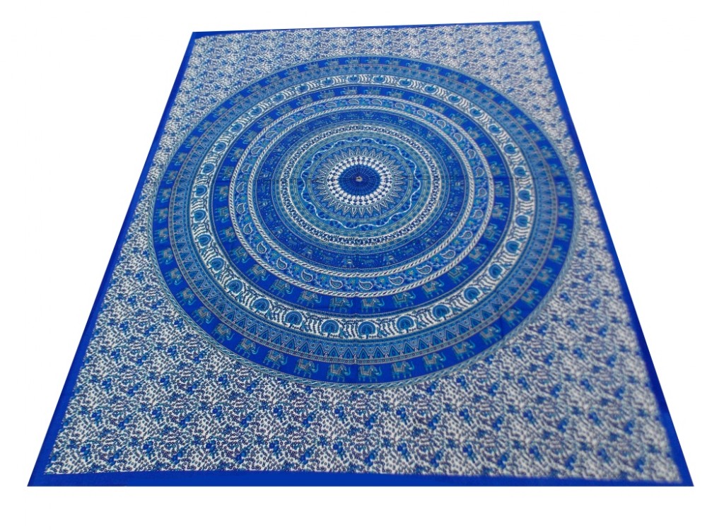 Hand Blue Printed Mandala Design Cotton Double Bed Sheet in Red Color Size 90x108 Inch