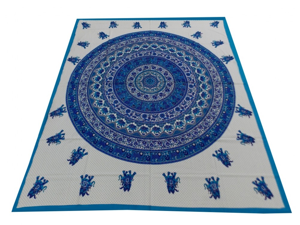 Block Print Cotton Bed Sheet Mandala Design Sky Color for Double Bed 90x108"