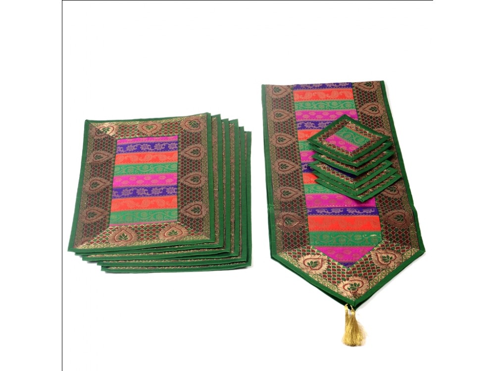 Indian Silk Table Runner with 6 Place Mats & 6 Coaster in Green Color Size 16*62