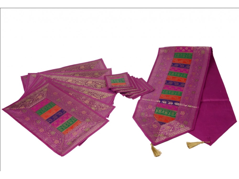 Indian Silk Table Runner with 6 Place Mats & 6 Coaster in Pink Color Size 16*62