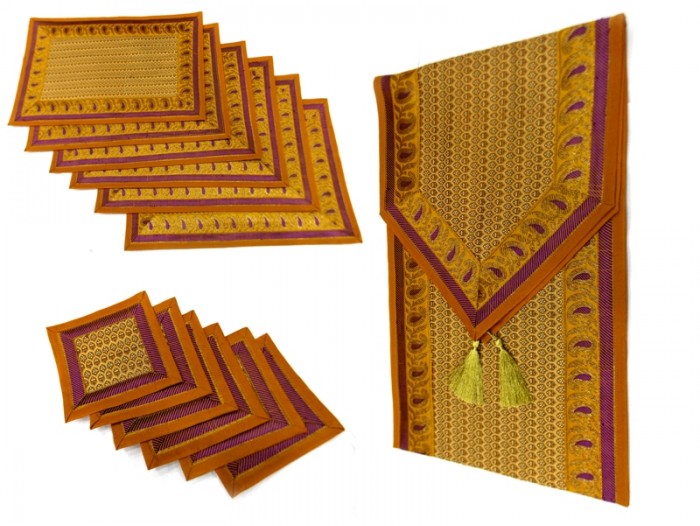 Indian Silk Table Runner With 6 Placemats 6 Coaster In Brown