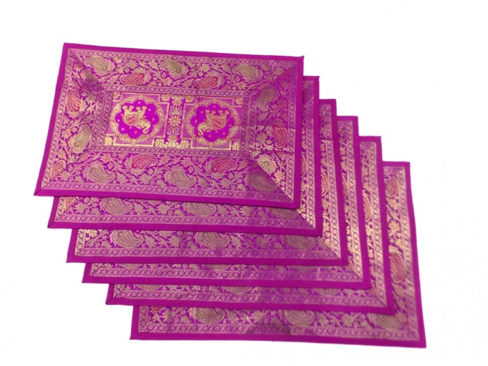 Indian Silk Table Runner With 6 Place Mats 6 Coaster In Pink